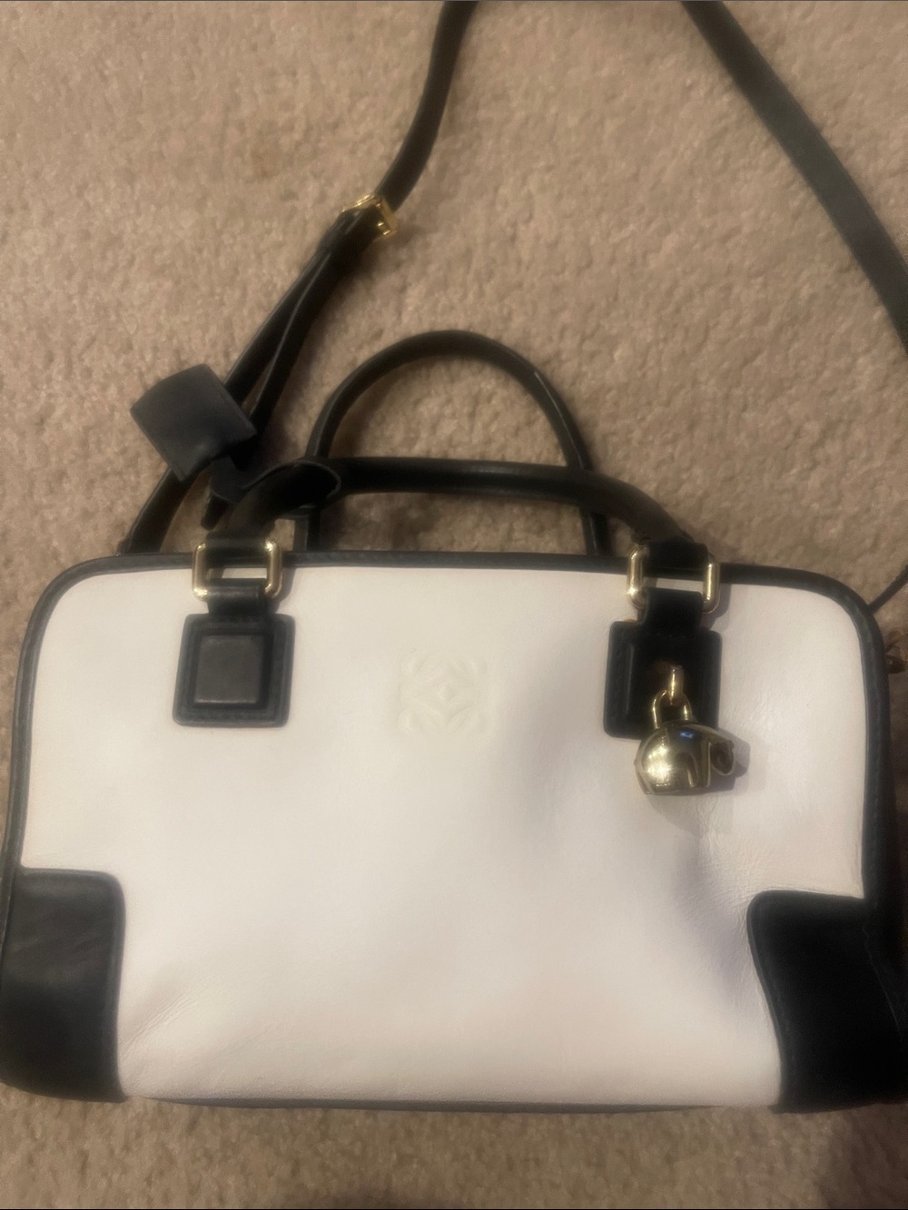 Loewe White Leather Satchel with Black Trim and Gold Charm